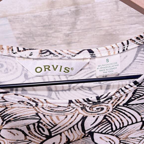 ORVIS Stretchy Ribbed Knit Top Beige Leaf Print Vintage Casual Womens Small - Picture 4 of 4